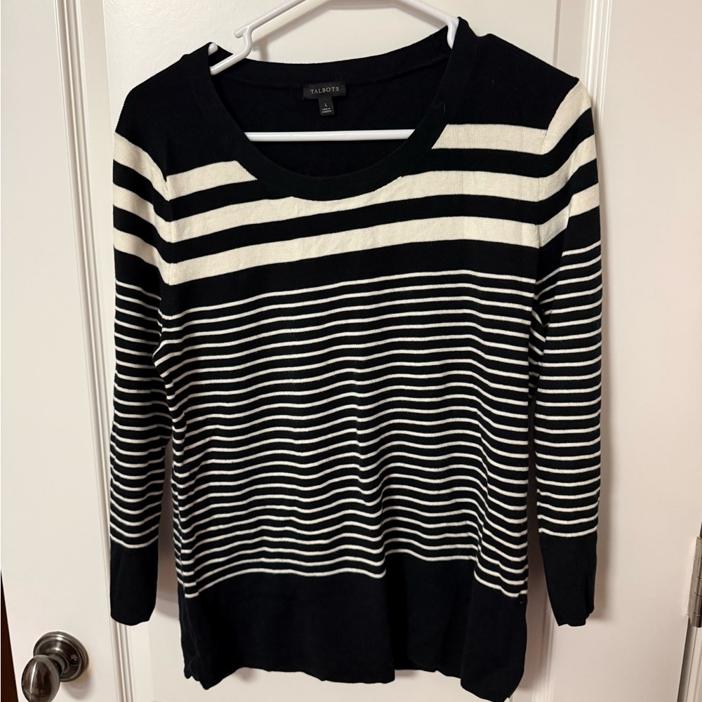 Talbots Black and White Striped Lightweight Knit Sweater